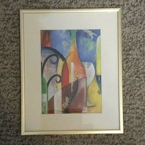Abstract Multi Colors Wine Bottle & Wine Glass 10 1/2" x 8 1/2" Framed Art Decor